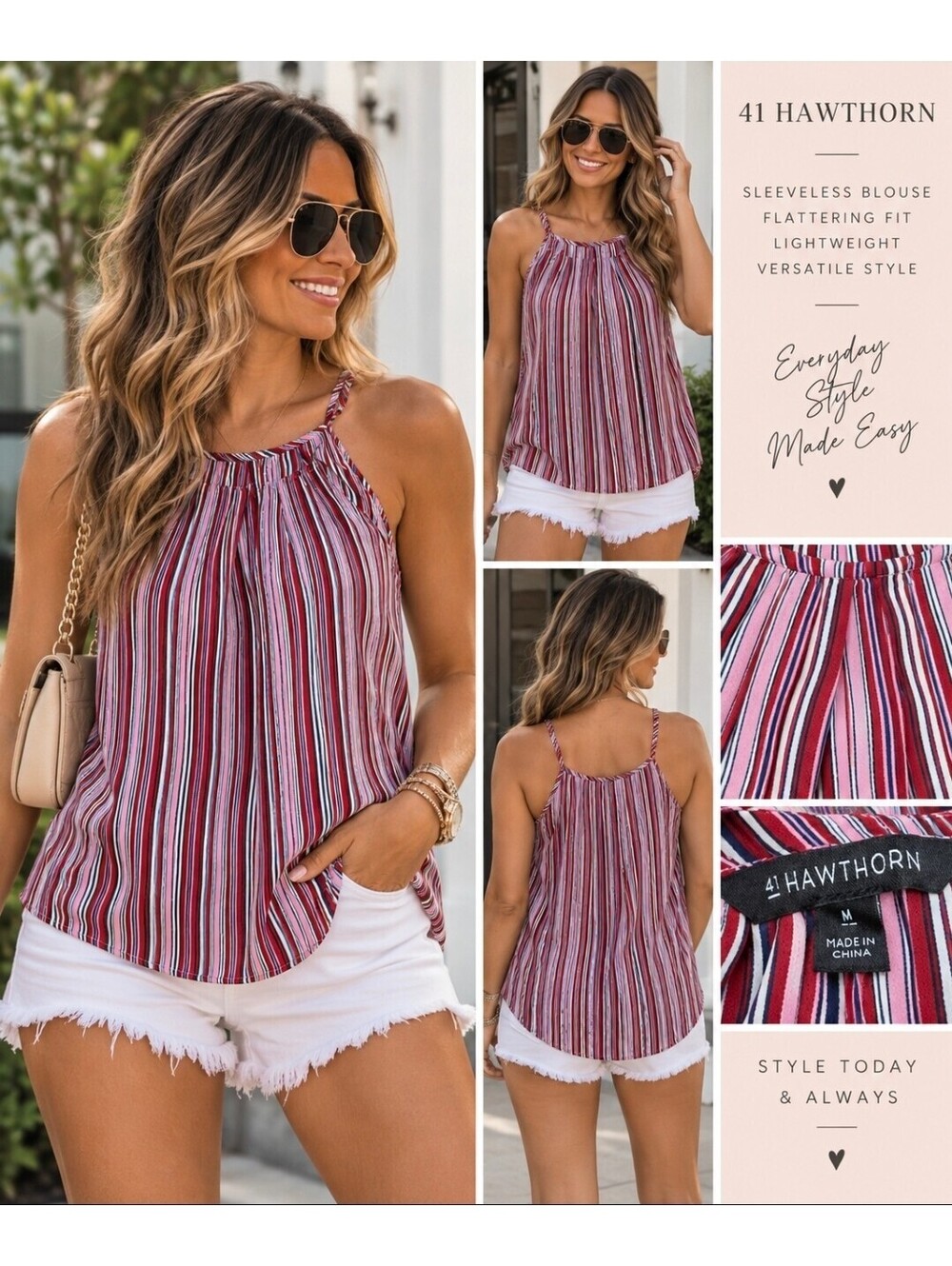41 Hawthorn Stitch Fix Women’s M Striped Sleeveless Halter Blouse Red Pink Navy